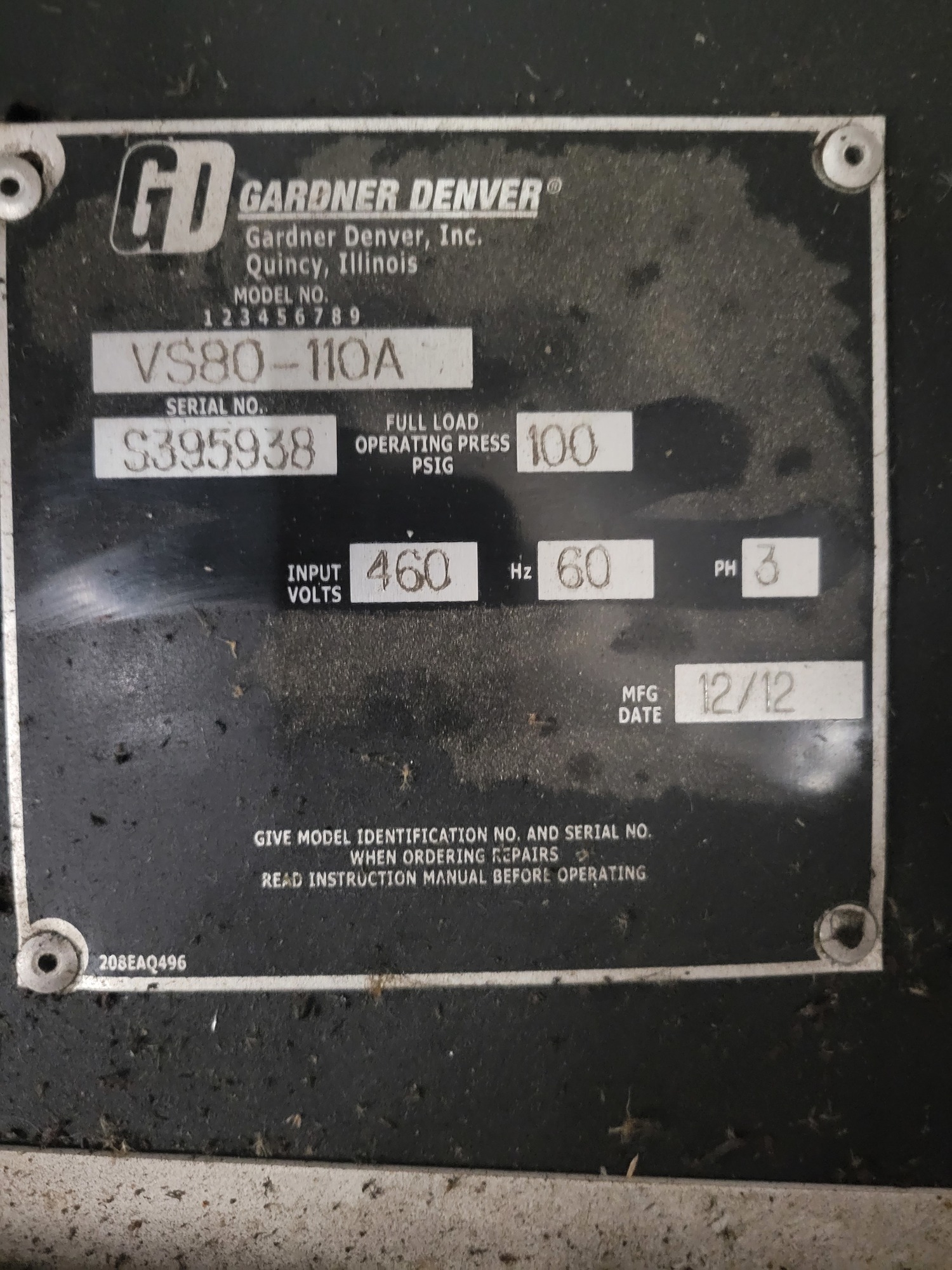 2012 GARDNER DENVER VS80-110A Rotary Screw Air Compressors | Myers Technology Co., LLC