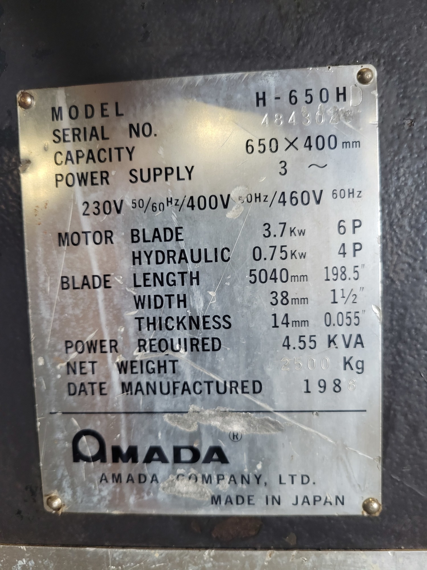 AMADA H-650HD Horizontal Band Saws (Semi-Automatic) | Myers Technology Co., LLC